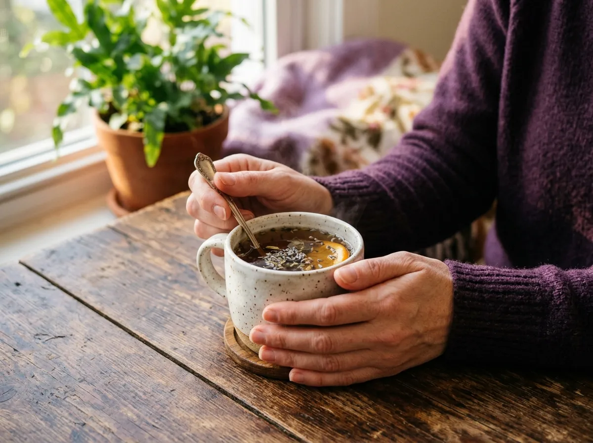 Handen met kopje kruidenthee, gezellige ochtendsfeer